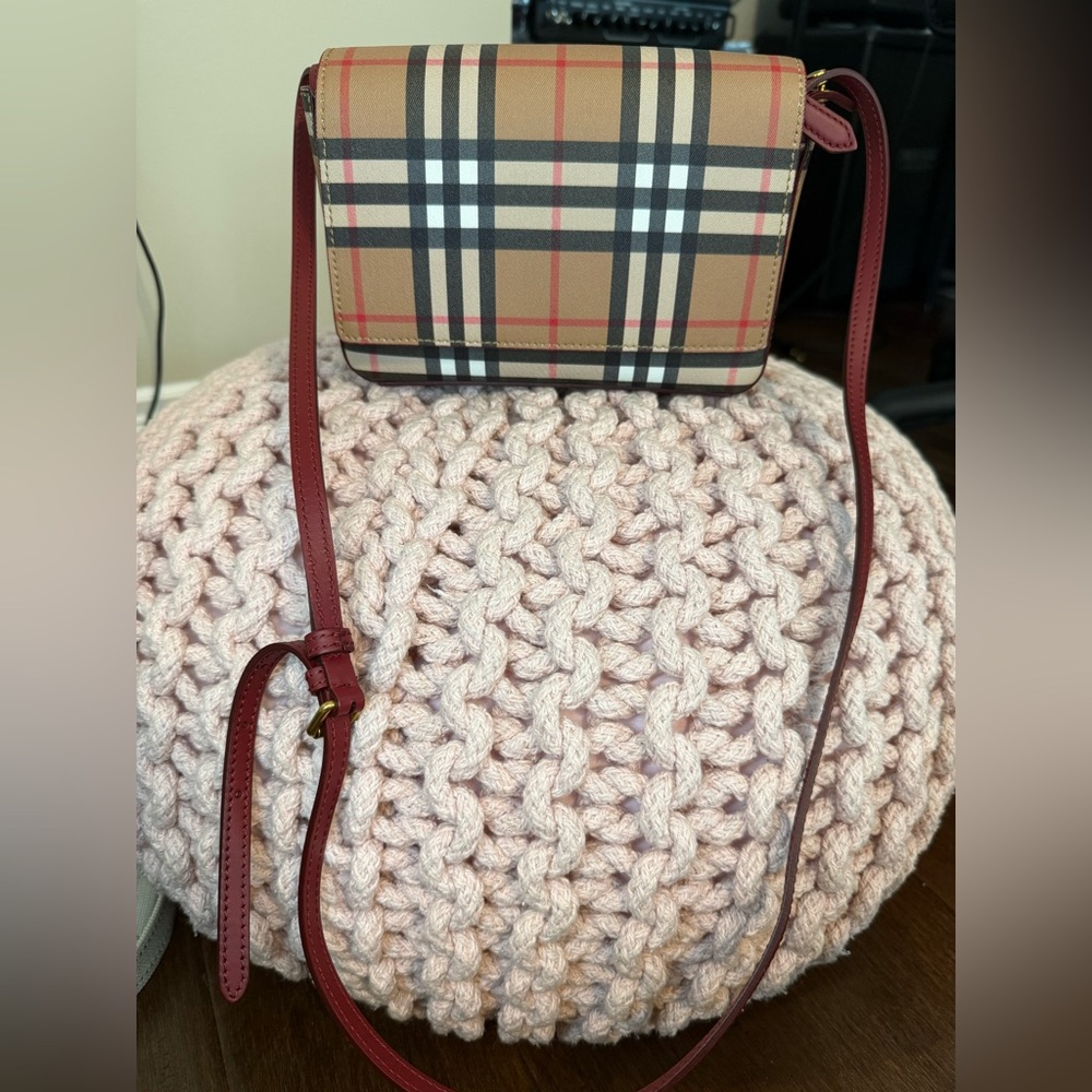 Burberry Vintage Checkered Crossbody Bag in Maroon Tan and Red